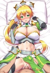 1boy 1girls ai_generated big_breasts blonde_hair blush cleavage cum cum_in_pussy cum_inside elf elf_ears eyebrows_visible_through_hair green_eyes highres huge_breasts kawase_seiki kirigaya_suguha large_breasts leafa light-skinned_female light-skinned_male light_skin long_hair looking_at_viewer male_pov midriff missionary_position nai_diffusion navel nose_blush nude nude_male penis pointy_ears ponytail pov pussy sex smile sword_art_online uncensored vaginal_penetration very_long_hair