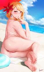 1girls absurdres anus artist_name ass azur_lane back bangs barefoot beach blonde_hair blue_sky blush braid breasts commentary_request crown_braid day earrings feet female finger_to_mouth flower foreshortening hair_flower hair_ornament highres inviting_to_sex jewelry large_breasts legs looking_at_viewer looking_back nude ocean open_mouth outdoors prince_of_wales_(azur_lane) prince_of_wales_(windsor_sun)_(azur_lane) pussy red_eyes rosaline seductive_look short_hair signature sitting sky soles solo swept_bangs thighs toe_scrunch toes topless towel