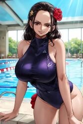 ai_generated artist_request big_breasts black_hair brown_eyes female female_only flower_in_hair hair_ornament huge_breasts kangokusen latina long_hair mature_female one-piece_swimsuit one_piece pool thighs viola_(one_piece) voluptuous voluptuous_female