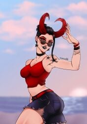 big_breasts black_hair black_lips bra choker demon_haze_(fortnite) earrings eyeshadow fortnite fortnite:_battle_royale glasses haze_(fortnite) horn horns jean_shorts light-skinned_female light_skin olesanaushhh pink_skin red_eyes sunglasses surf_witch_(fortnite) tattoo tinted_eyewear topwear