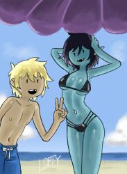 1boy 1girls adventure_time armpits arms_up beach bikini bikini_top cartoon_network cleavage duo duo_focus fangs finn_the_human glistening lofty_(artist) marceline photo pose seaside short_hair signature standing swimming_trunks swimsuit teeth thighs tongue v_sign vampire vampire_girl warner_brothers