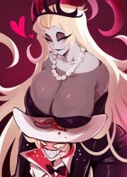 blonde_hair blonde_hair_female blush breasts_on_head clothed clothed_female clothed_male female hazbin_hotel kurenaiz1 lilith_morningstar_(hazbin_hotel) lucifer_morningstar_(hazbin_hotel) male pearl_necklace