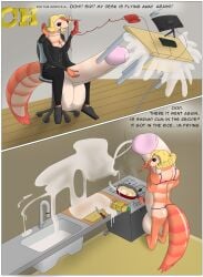 4_arms absurd_res anthro arthropod balls big_balls big_penis bodily_fluids casual_masturbation chair clothing cooking crustacean cum cum_in_sink cum_on_desk cum_on_food cum_on_wall deachuu desk dialogue excessive_cum excessive_genital_fluids food furniture futanari genital_fluids genitals hi_res horn huge_balls huge_cock hyper hyper_balls hyper_genitalia hyper_penis intersex marine masturbation multi_arm multi_limb office office_chair on_phone penis shrimp solo suit table underwear
