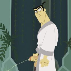 1boy black_hair harzu holding_penis kimono looking_away male male_focus male_only peeing penis robe samurai samurai_jack samurai_jack_(character) solo solo_focus solo_male undressing urinating urinating_male urination urine