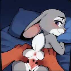 ai_generated anthro anus bed canid canine disney duo female first_person_view fox furniture genitals hi_res imminent_sex judy_hopps lagomorph leporid looking_back male male/female mammal nick_wilde nude onevice pillow pillow_hug pussy rabbit spread_pussy spreading zootopia