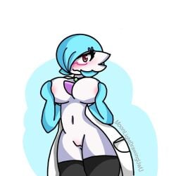 blue_skin completely_nude gardevoir glasses labcoat moonlightdrawinguwu pokémon_(species) pokemon pokemon_(species) squeezing_breast