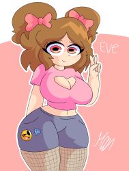 boob_window brown_hair eve_(moonlightdrawinguwu) fully_clothed hair_ribbon light-skinned_female light_skin moonlightdrawinguwu original peace_sign pink_eyes pink_shirt shy_smile twintails