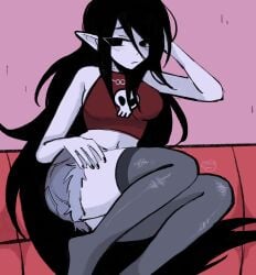 adventure_time black_hair bored cartoon_network couch crop_top grey_skin hair long_hair marceline marceline_abadeer megrocks midriff shorts skull skull_shirt socks stockings thigh_highs thigh_socks thighhighs thighs very_long_hair