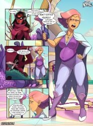 black_hair cleavage garden glimmer_(she-ra) glittering_hair grey_skin masked_female nsfani pink_eyes pink_hair pointy_ears pregnant pregnant_female purple_hair shadow_weaver she-ra_and_the_princesses_of_power shears staff