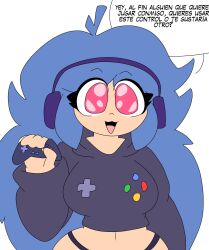 blue_hair flat_colors fully_clothed grace_(moonlightdrawinguwu) headphones hoodie moonlightdrawinguwu original panties pink_hair playstation_controller spanish_text