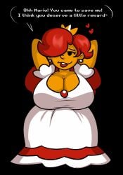 arms_behind_head big_breasts black_background dress earrings english hair_covering_eye heart_symbol mario_(series) max1mus nintendo princess_peach princess_toadstool red_hair shortstack tan_skin tan_skinned_female text thick_lips