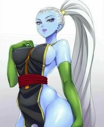 1girls alternate_breast_size angel_(dragon_ball) arm_sleeves ass bare_ass bare_legs bare_shoulders blue_eyes blue_lips blue_skin busty clothed_female clothes clothing dragon_ball dragon_ball_super erect_nipples erection_under_clothes eyelashes eyeliner female female_focus female_only gloves hair_ornament hairband hand_on_ass hand_on_breast large_ass large_breasts looking_at_viewer looking_down nipple_bulge ponytail purple_eyes purple_lips revealing_clothes shiny shiny_skin side_slit sideboob teba_motoko thick_thighs thighs tied_hair universe_6 universe_6/universe_7 vados voluptuous white_hair wide_hips