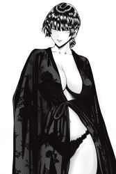 1girls big_breasts black_and_white clothed clothing female female_focus female_only fubuki_(one-punch_man) hi_res human_only large_breasts light-skinned_female light_skin lingerie looking_at_viewer monochrome mostlybluewyatt navel nightwe one-punch_man panties short_hair simple_background solo solo_female thick_thighs