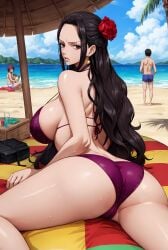 ai_generated artist_request beach big_butt bikini black_hair brown_eyes female female_focus flower_in_hair huge_breasts kangokusen large_breasts latina latina_milf long_hair male mature_female milf one_piece serious_face viola_(one_piece) voluptuous voluptuous_female