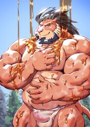 abs arsalan clothing erection felid fundoshi green_hair hair japanese_clothing lion male male_only mammal mature_male muscular muscular_male nipples oil pantherine pecs penis sheer_clothing taoren tokyo_afterschool_summoners translucent transparent_clothing underwear video_games