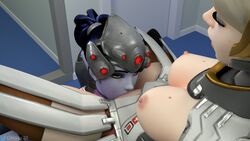 3d areolae blonde_hair blue_hair breasts cunnilingus duo female female_only ghosy mercy nipples overwatch widowmaker yuri