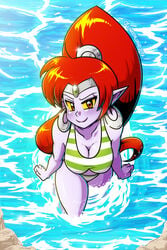 1girls bikini breasts cleavage dark_persona female highres linkerlewds long_hair nega-shantae ponytail purple_skin red_hair shantae smooth_skin smug solo swimsuit tagme wayforward