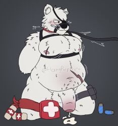 anthro balls bear big_balls bodily_fluids bondage bondage bound ejaculation epic_games fortnite genital_fluids genitals hornypurpproto leash leash_pull male mammal polar_patroller precum scar slightly_chubby slightly_chubby_male solo solo_focus tied_muzzle