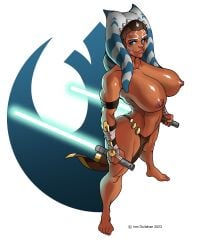 ahsoka_tano alien alien_girl big_breasts blue_eyes breasts female half_naked huge_breasts iron-dullahan lightsaber lucasfilm nipples solo solo_female solo_focus star_wars tentacle_hair thick_thighs togruta