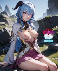 1female 1girls 1woman ai_generated blue_hair breasts cliff female female_focus ganyu_(genshin_impact) genshin_impact girl goat_horns horns landscape_background looking_at_viewer mountain patreon rule34_diffusion(artist) smile solo solo_female solo_focus video_game video_game_character video_game_franchise video_games