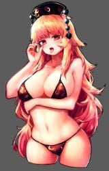 1girls areola_slip bare_arms bare_shoulders bikini black_bikini black_headwear blonde_hair breast_hold breasts cleavage crescent cropped_legs fellatio_gesture female gradient_hair grey_background halterneck hand_up hat highres junko_(touhou) korean_commentary large_breasts long_hair looking_at_viewer mature_female milf mo_ne multicolored_hair navel red_eyes simple_background solo stomach swimsuit tagme tassel tongue tongue_out touhou very_long_hair wet