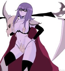 1girls 2023 big_breasts bikini_armor black_legwear cloak dannthra deathgrip_(edgelords) dullahan edgelords female hand_on_hip neck_scar nipple_slip purple_eyes purple_hair scythe solo standing