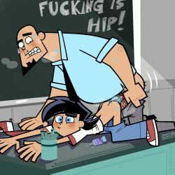 2boys age_difference anal classroom danny_fenton danny_phantom harzu lube male_focus male_only mr._lancer pulling_down_pants teacher_and_student yaoi