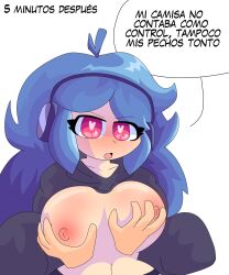 blue_hair breast_grab double_breast_grab exposed_breasts grace_(moonlightdrawinguwu) groping groping_breasts headphones hoodie hoodie_lift long_hair moonlightdrawinguwu original pink_eyes pulled_up_shirt reluctant shaded spanish_text