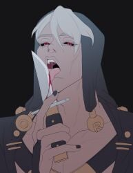 1boy blood grey_hair jojo's_bizarre_adventure licking licking_knife male male_only red_eyes risotto_nero sexually_suggestive solo tongue tongue_out vento_aureo