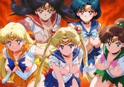 5girls ai_generated ami_mizuno bishoujo_senshi_sailor_moon black_hair blue_eyes blue_hair breasts_out brown_hair exposed_breasts green_eyes large_breasts looking_at_viewer makoto_kino minako_aino pink_nipples rei_hino sailor_jupiter sailor_mars sailor_mercury sailor_moon sailor_senshi_uniform sailor_venus tagme torn_clothes usagi_tsukino