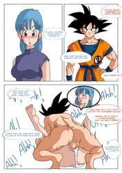 1boy 1girls blue_eyes blue_hair blush bulma_briefs cum_in_pussy cum_inside dragon_ball dragon_ball_(classic) dragon_ball_z english english_text female fucked_senseless fucked_silly goku male mating_press nude_female recreator2099 son_goku straight