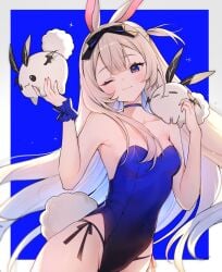 1girl ;) animal animal_ears bare_arms bare_shoulders black_choker blonde_hair blue_choker blue_eyes blue_leotard blue_sky blush breasts brown_hair bunny bunny_ears bunny_girl bunny_tail bunnysuit choker closed_mouth cloud collarbone covered_navel cowboy_shot fake_animal_ears fake_tail female_only groin hairband holding holding_animal leotard long_hair looking_at_viewer one_eye_closed sky small_breasts smile solo standing strapless strapless_leotard swimsuit tail very_long_hair virtual_youtuber vyugen wrist_cuffs yenko yenkoes