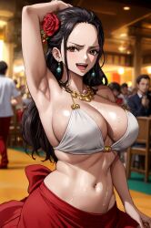 ai_generated armpit_fetish artist_request belly_dancer_outfit big_breasts black_hair brown_eyes curvaceous curvy_female female female_focus flower_in_hair huge_breasts kangokusen latina latina_milf long_hair male mature_female milf one_piece smiling smiling_at_viewer viola_(one_piece) voluptuous voluptuous_female