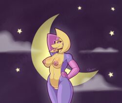 1girls 2019 anthro anthrofied areolae arm_up armpits ass belly big_breasts breasts clothing cresselia eyelashes female female_only freepancakes gloves half-closed_eyes hand_on_hips hi_res legendary_pokémon looking_at_viewer looking_away moon navel night nintendo nipples nude pink_eyes pink_sclera pink_skin pokémon_(species) pokemon pokemon_dppt purple_background purple_skin pussy sky smile solo stars text tongue tongue_out video_games watermark white_eyes wide_hips yellow_skin