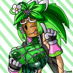 alien alien_girl big_breasts blaster_master blaster_master_zero blaster_master_zero_2 charredarousal cleavage green_skin kanna_(blaster_master) large_breasts mob_face nipples plantie simple_background unzipped_bodysuit watermelon_bra watermelon_nets wink