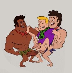 3boys anal ass bara character_request double_anal double_penetration gay lifting male_focus male_only muscle sandastrevor the_flintstones threesome yaoi