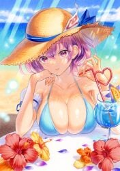 alternate_costume arm_cuffs beach bikini blue_bikini blue_ribbon blue_sky breast_rest breasts breasts_on_table cleavage cloud cloudy_sky collarbone commentary crazy_straw cup day drink drinking_straw female flower food fruit hair_between_eyes hair_ribbon hat heart_straw hibiscus kuwa_analog large_breasts light_particles light_rays looking_at_viewer making-of_available marker_(medium) mature_female milf ocean orange_(fruit) orange_slice outdoors parted_lips petals purple_eyes purple_hair ribbon saigyouji_yuyuko short_hair sitting sky smile solo straw_hat sunlight swimsuit table touhou traditional_media triangular_headpiece upper_body yuyuko_saigyouji