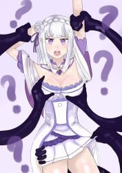 1boy 1girls ? arms_up blush breasts_grab captured captured_heroine cleavage disembodied_hands elf elf_ears elf_female elf_girl emilia_(re:zero) female grabbing_breasts groping groping_breasts half-elf half_elf hips_grab holding_arm holding_arms imminent_rape lifting_skirt multi_arm multi_limb petelgeuse_romaneeconti purple_background purple_eyes re:zero_kara_hajimeru_isekai_seikatsu silver_hair standing villain_on_hero