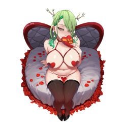 1girls big_breasts branch_horns breasts ceres_fauna closed_mouth female female_only green_hair heart_pasties holding_object hololive hololive_english hololive_english_-council- hololive_english_-promise- light-skinned_female light_skin myth1c myth1carts pasties rose_(flower) rose_petals sitting solo thighhighs virtual_youtuber white_background yellow_eyes