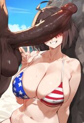 1boy 1boy1girl 1girls ai_generated american_flag american_flag_bikini azur_lane baltimore_(azur_lane) beach big_breasts big_penis bikini black_hair blush breasts cheating clothed_female clothed_female_nude_male cuckold dark-skinned_male dark_skin eagle_union_(azur_lane) female grin huge_cock imminent_oral imminent_sex interracial light-skinned_female light_skin male netorare ntr outdoors outside pawg peace_sign penis sex straight truck_kun