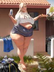 1girls backyard barefoot bbw beer_can belly big_thighs bra fat_rolls jean_shorts obese pizza skimpy thighs trash_bag yeoubul