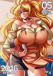 apron blonde_female blonde_hair controlling_mother helmet holding_object huge_breasts human jadenkaiba mature_woman milf risa_(controlling_mother) short_skirt voluptuous voluptuous_female