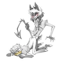 2boys alastor_(hazbin_hotel) animal_ears artist_initials black_and_white blush bottomless_male claws cloven_hooves cuntboy deer_antlers deer_ears deer_tail demon demon_tail doggy_style drooling fluffy_tail gay gay_sex hazbin_hotel hidden_sex hooves humanoid implied_anal kinky_twinky line_art lucifer_morningstar_(hazbin_hotel) male male/male male_on_male male_only male_penetrated male_penetrating no_visible_genitalia noseless overstimulation partially_clothed red_blush sharp_teeth tail tail_grab tail_play tail_pull tongue tongue_out vaginal vaginal_sex vivienne_medrano vivziepop yellow_blush