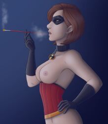 2017 brown_eyes brown_hair choker cigarette cigarette_holder commission corset digital_media_(artwork) disney exposed_breasts eye_mask helen_parr latex latex_gloves mask medium_breasts milf pixar smoking the_incredibles the_zombie_cat