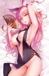 animal_ear_fluff animal_ears arm_behind_head armpits bangs bare_shoulders bed_sheet bell black_dress black_gloves blush breasts center_opening china_dress chinese_clothes dress fan fate/grand_order fate_(series) folding_fan fox_ears fox_girl fox_tail gloves hair_between_eyes hip_focus jingle_bell koyanskaya_(chinese_lostbelt_outfit) koyanskaya_(fate) large_breasts long_hair looking_at_viewer mole mole_on_breast naughty_face navel nipples pillow pink_hair pubic_hair pussy smile solo tail thighs tongue tongue_out tsuki_no_i-min uncensored yellow_eyes