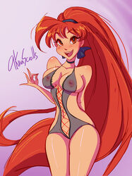 akira_(viper) akirascrolls areolae blush bow breasts clothing erect_nipples erect_nipples_under_clothes female female_only hair large_breasts lingerie long_hair nipples red_hair see-through see-through_clothing signature solo viper_(series) viper_v16