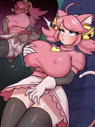 1girls 2d breast_grab catgirl dark-skinned_male fantasizing gloves grabbing_own_breast mad_mew_mew masturbation masturbation_through_clothing mew_mew_(undertale) mew_mew_kissy_cutie painting_fish pink_hair tagme thighhighs thought_bubble undertale undertale_(series)