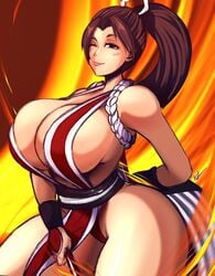 1girls breasts brown_hair clothing female female_only king_of_fighters long_hair mai_shiranui ninja one_eye_closed ponytail smile solo strangehero video_games