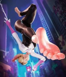 blonde_hair curled_toes erect_nipples feet foot_focus futile3d gwen_stacy marvel peace_sign round_ass soles spider-gwen tight_clothing toes upside-down wasdek white_skin winking winking_at_viewer