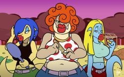 3girls alice_(jamearts) applying_lipstick belly belt belts big_lips black_tank_top blonde_hair blue_body blue_eyes blue_eyeshadow blue_jeans brown_body claws cosplay diana_(jamearts) dinosaur_girl dinosaur_tail dragon dragon_girl dragon_tail ed_edd_n_eddy eyelashes eyeshadow green_eyes green_pants grey_shirt jamearts jeans kanker_sisters large_breasts lee_kanker lipstick looking_at_viewer makeup marie_kanker may_kanker medium_breasts mirror multiple_girls nail_file navel one_eye_covered pink_belt rebecca_(jamearts) red_hair red_lipstick red_pants red_spots scales scalie sharp_claws sharp_teeth sunset tail tank_top teeth trees tyrannosaurus_rex white_topwear wide_hips winking_at_viewer yellow_body